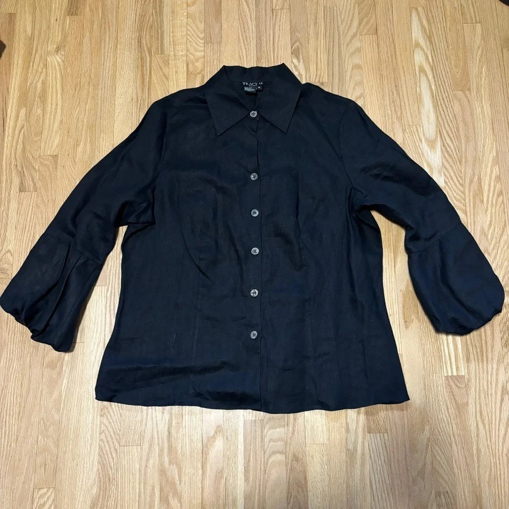 Tracy M | 100% Linen 3/4 Sleeve Length Puffy Elastic Wrist Band Button Up Shirt